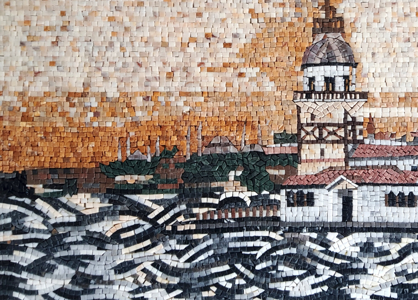 Coastal City Marble Mosaic Tile Art: Handmade Wall Decor (32” x 24”)