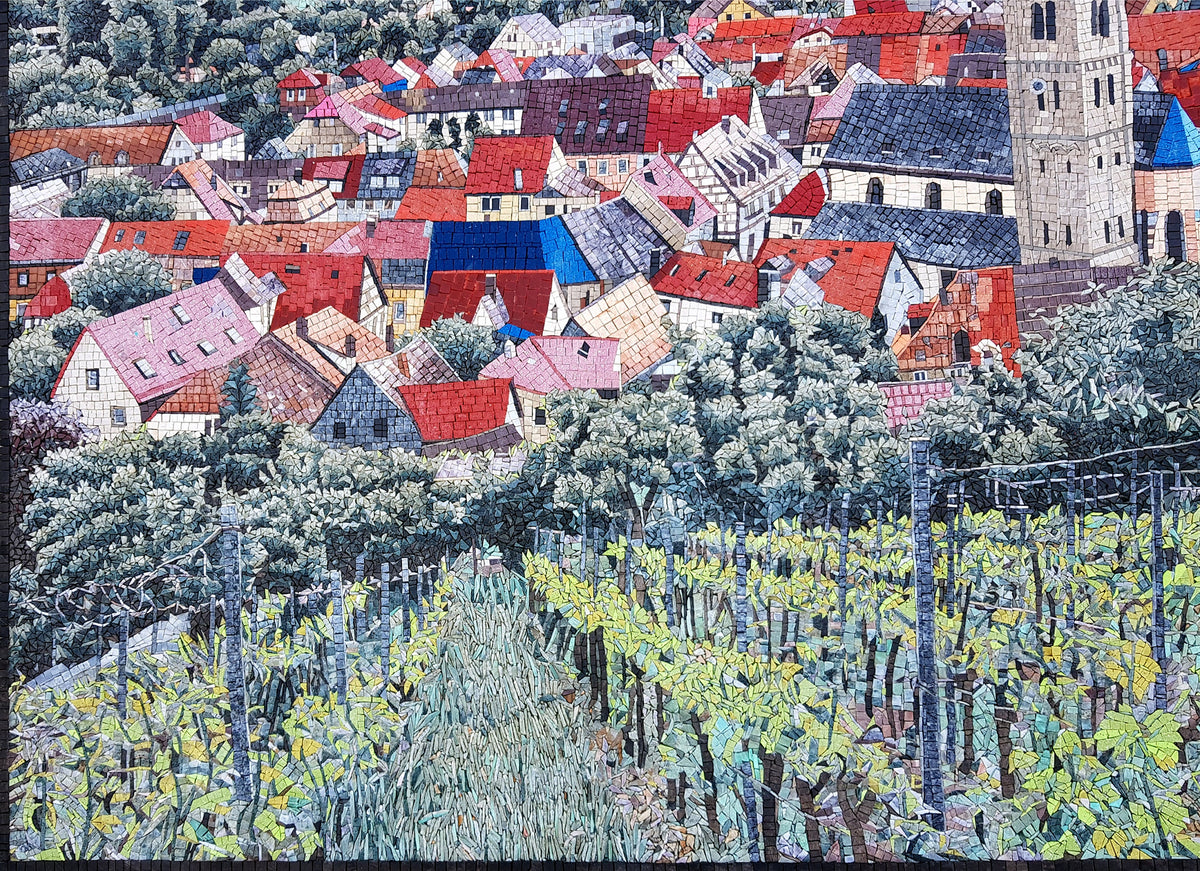 Handmade Vineyard Mosaic Tile Art: European Village Scenery (68” x 48”)
