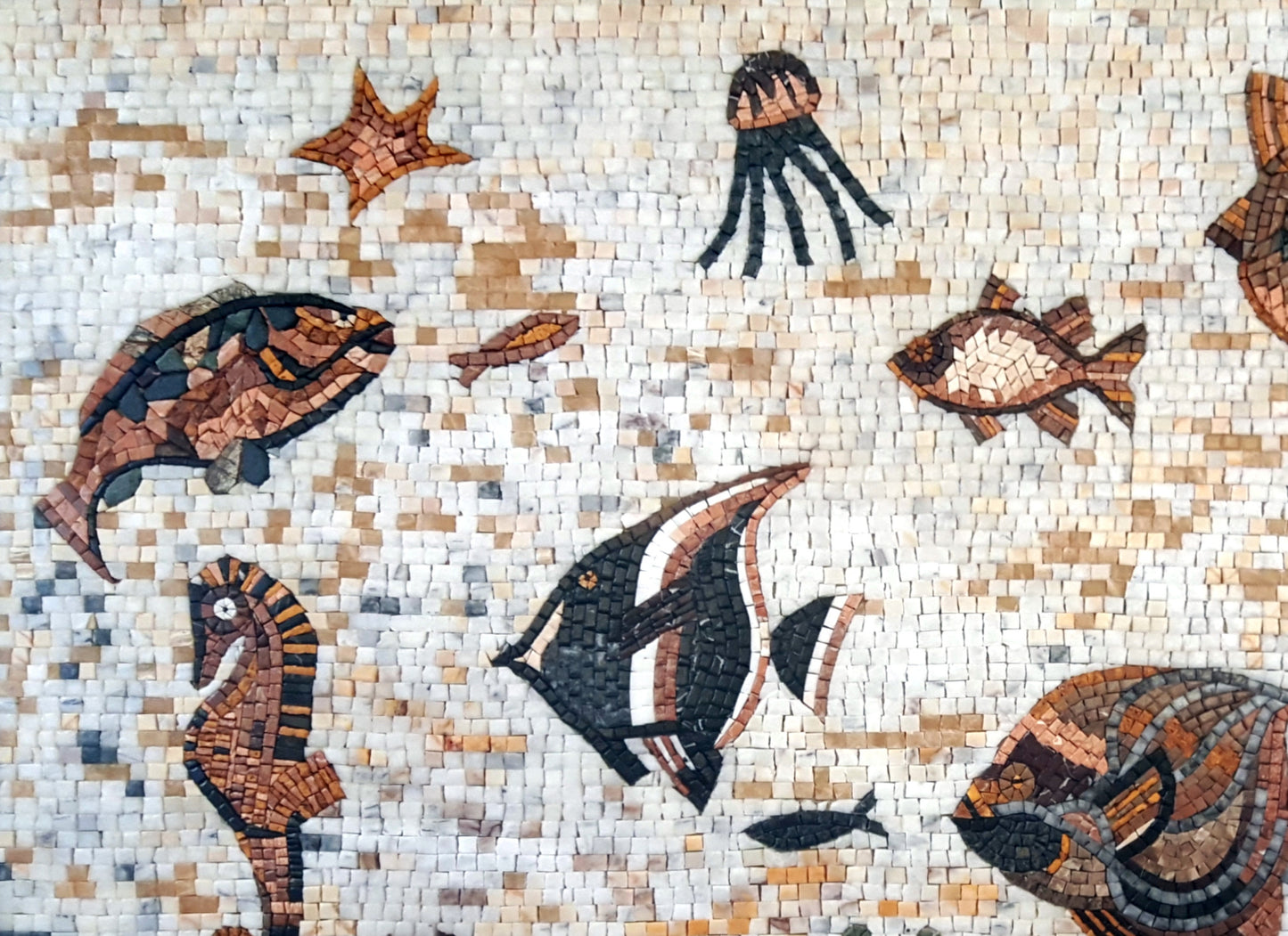 Handmade Coral Fish Mosaic Tile: Marine Life Backsplash (50” x 36")