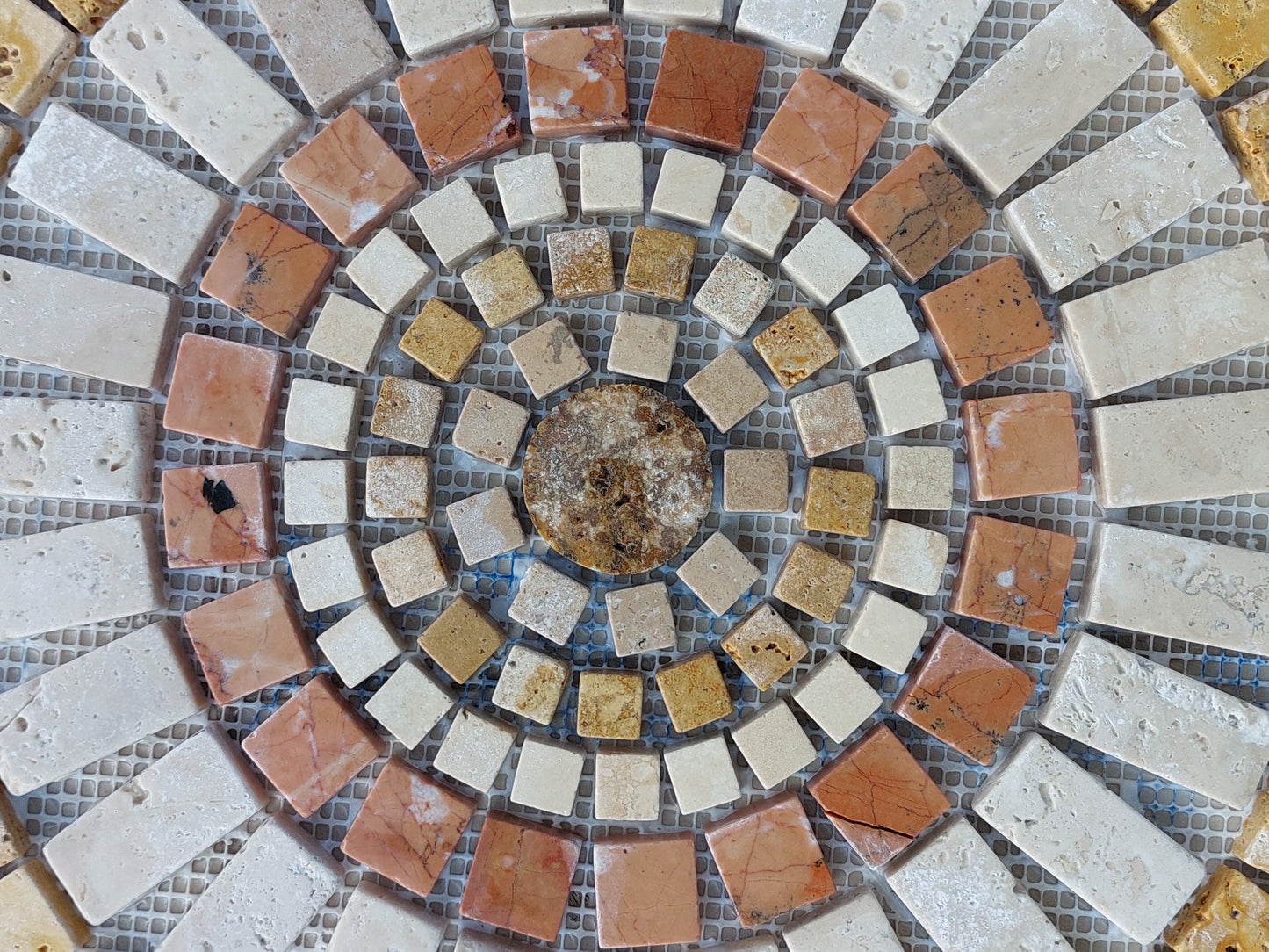 Round Marble Mosaic Medallion: Brown Border Handmade Stone Art