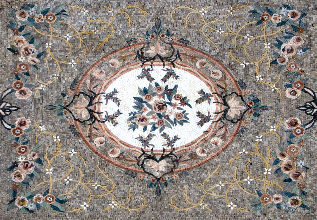Handmade Marble Mosaic Rug: Floral Stone Medallion (80” x 56")