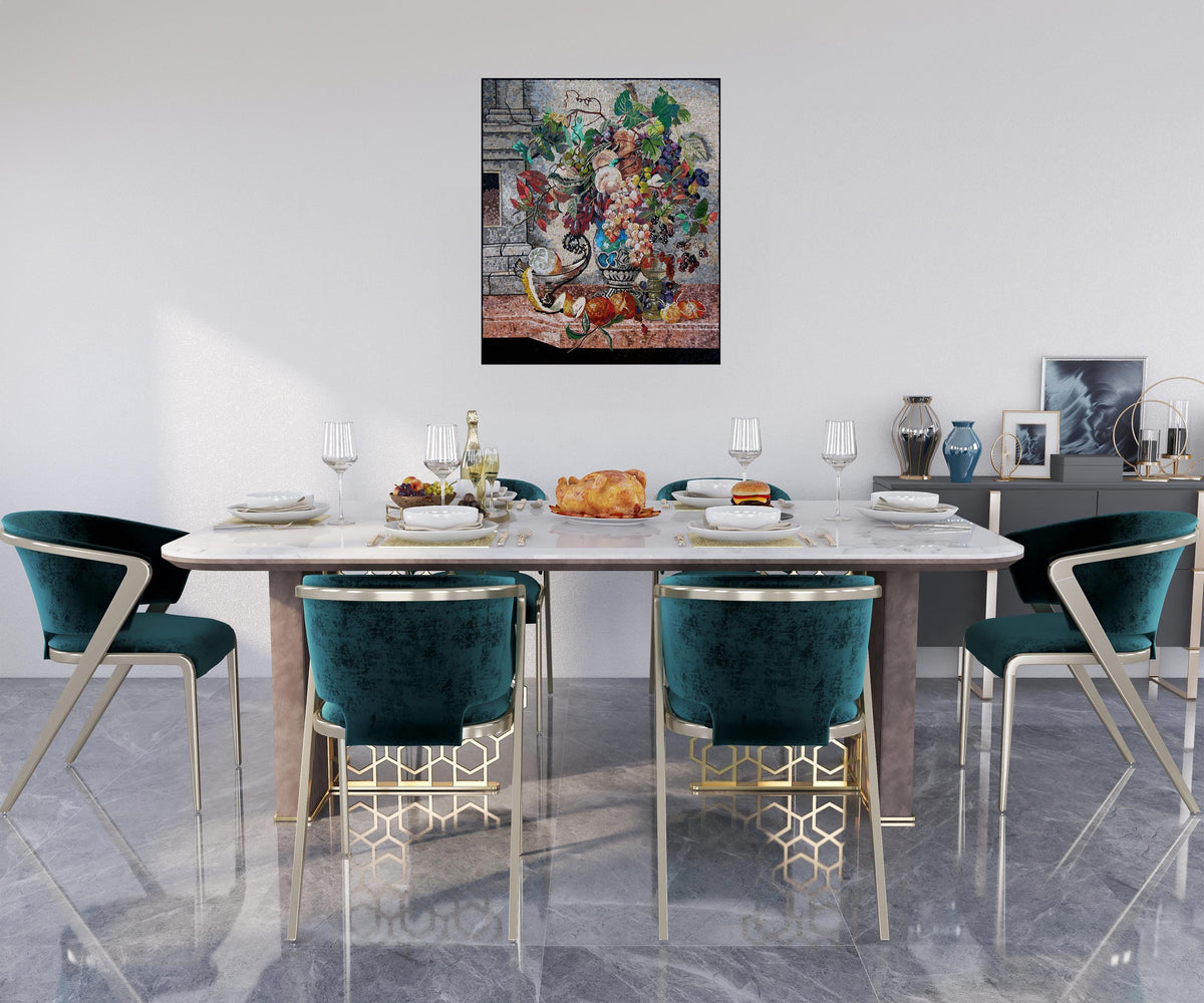 48"x40" Flower and Fruit on Table Mosaic Wall Art – Still Life Scene, Elegant Home Decor, Customization available