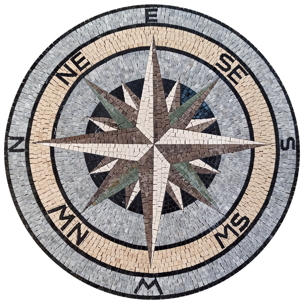 Handmade Nautical Compass Mosaic Tile: Marble Windrose Medallion (32" Diameter)