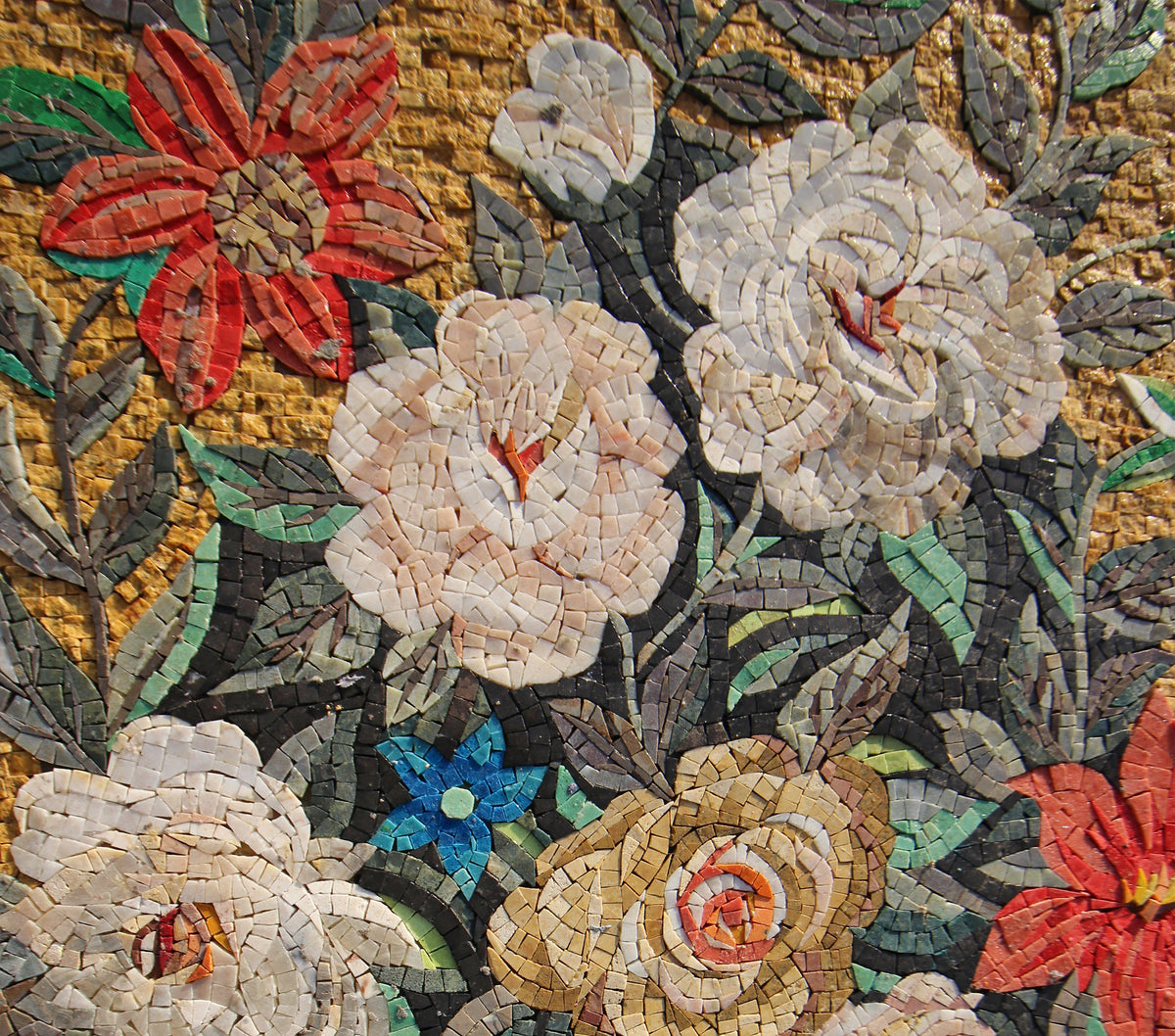 Handmade Floral Mosaic Mural: Blooming Flowers in Ceramic Vase