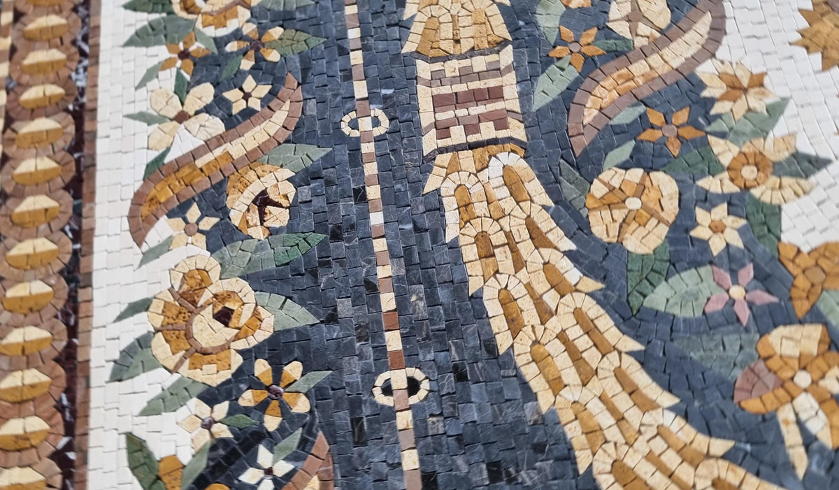 Floral Marble Mosaic Rug: Handmade Geometric Tile Art (80”x 56")