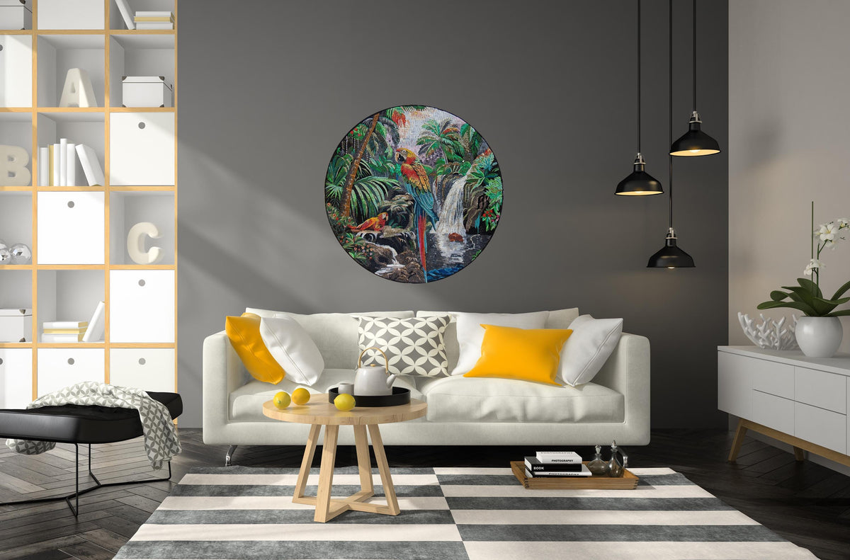 32" Parrot Mosaic Medallion – Tropical Bird Design, Nature-Inspired Home Decor, customization available