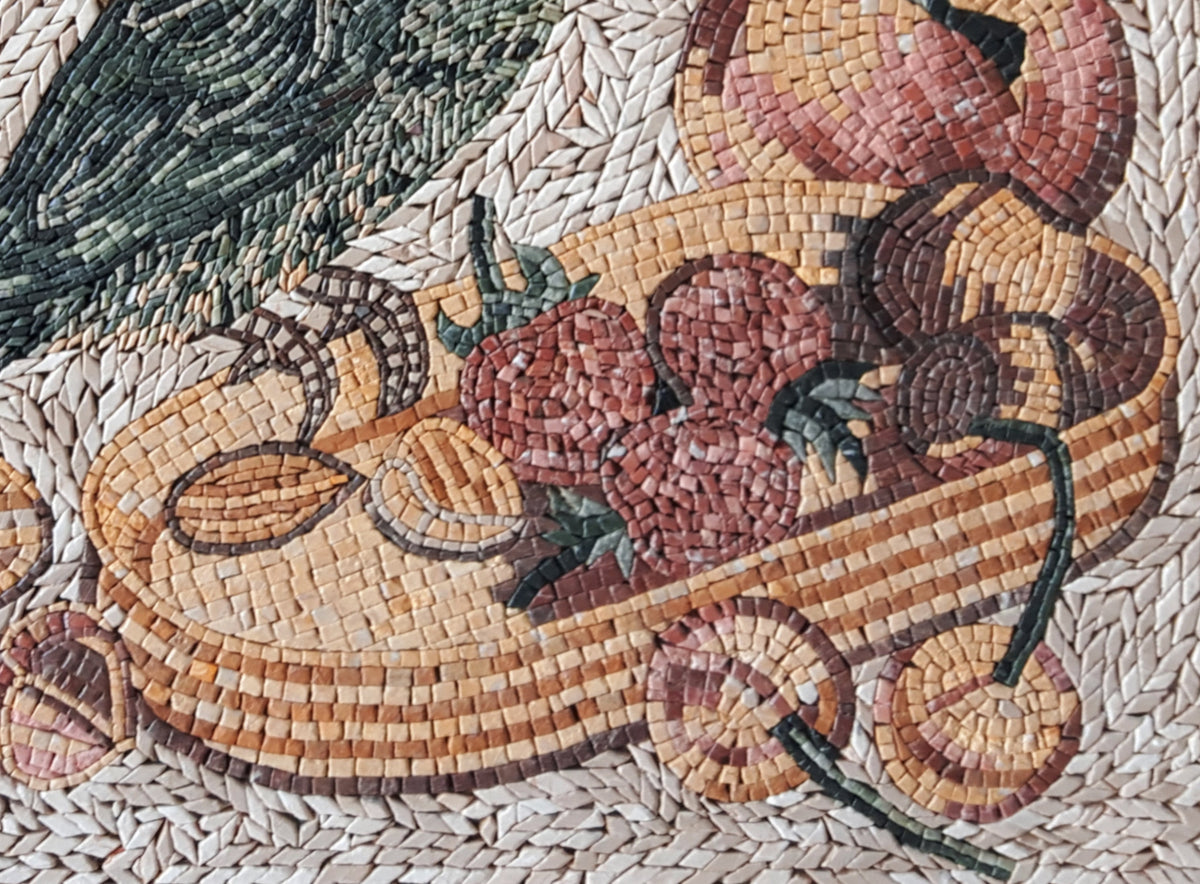 Handmade Parrot and Fruit Basket Mosaic Tile Art: Kitchen Backsplash