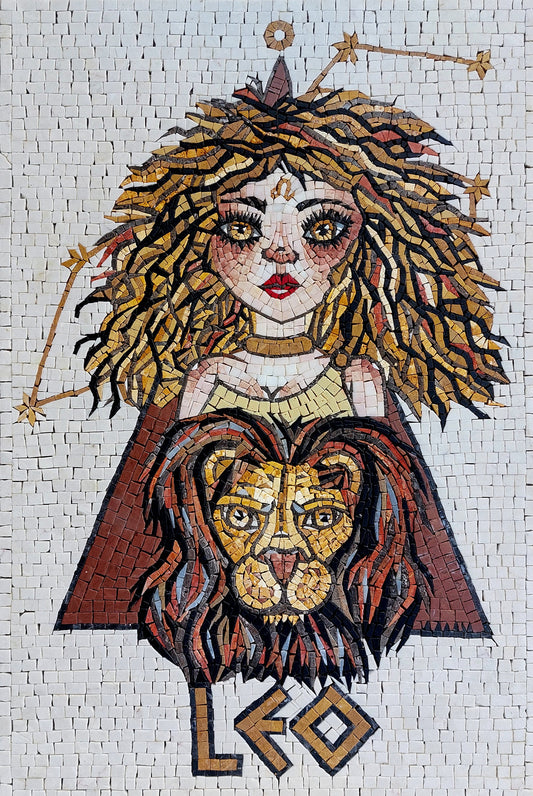 Leo Zodiac Mosaic Tile Art: Handmade Marble Wall Decor