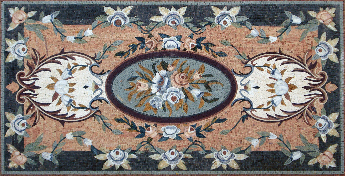Handmade Marble Stone Mosaic Rug: Floral Medallion, 92"x48"