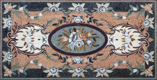 Handmade Marble Stone Mosaic Rug: Floral Medallion, 92"x48"