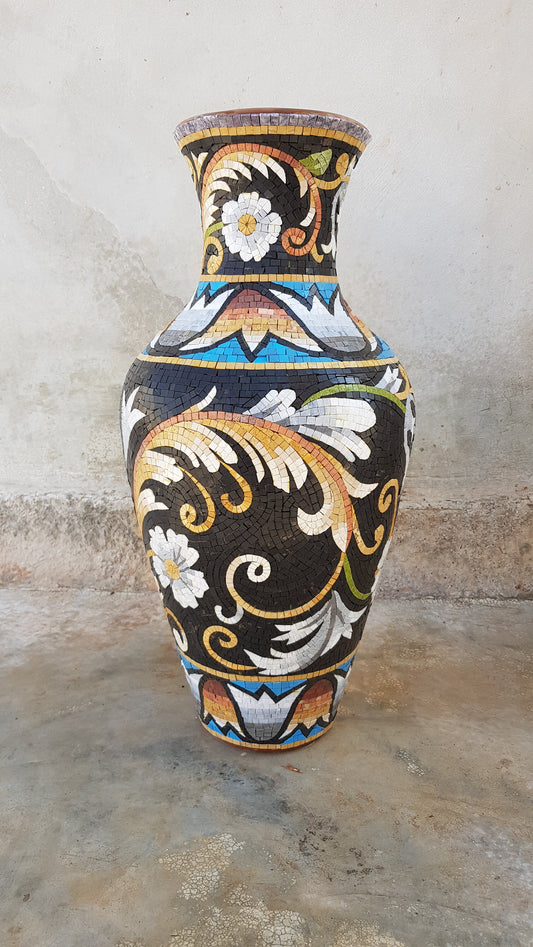 Handmade Floral Mosaic Vase: Round Marble Segment Clay Vase