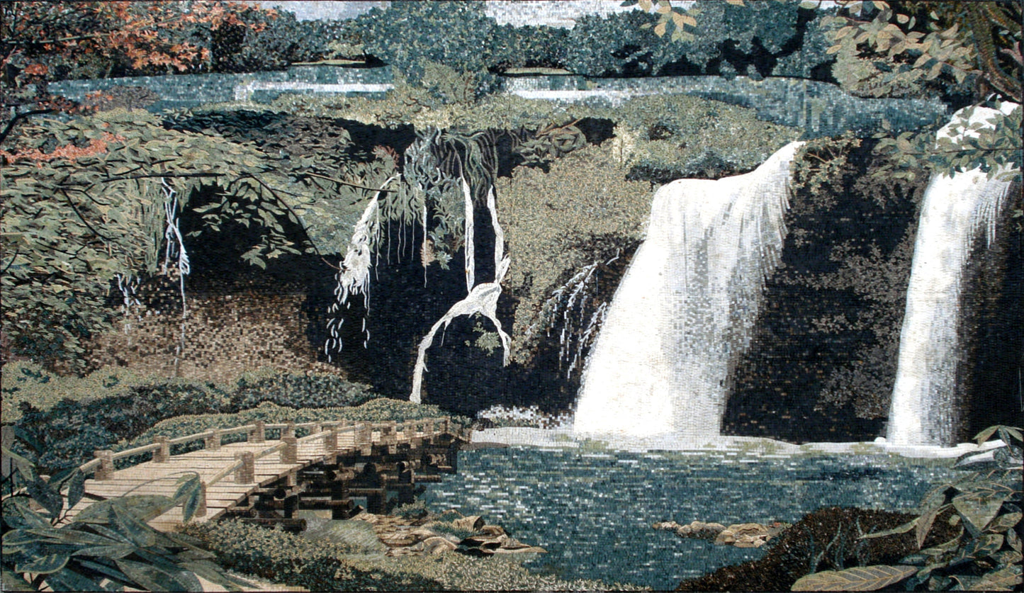 Handmade Marble Mosaic Tile: Waterfall & Bridge Art