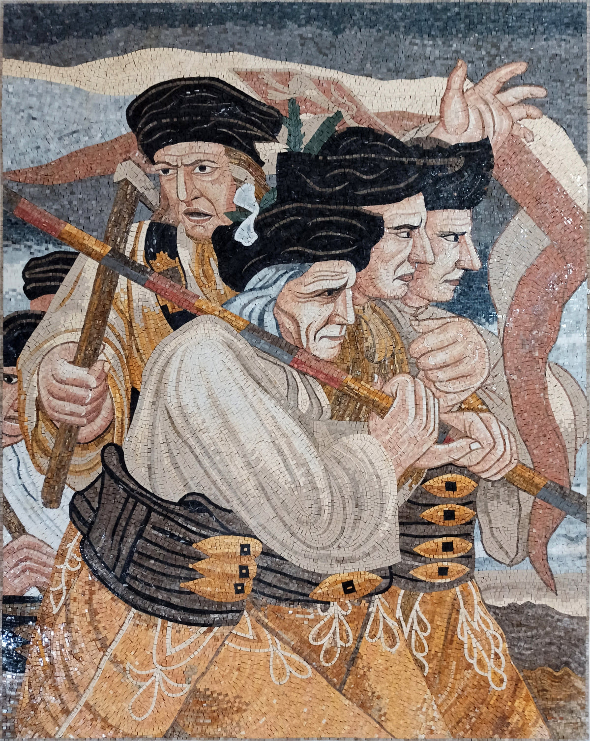 Handmade Colonial Soldiers Marble Mosaic Tile Art: Italian Reproduction