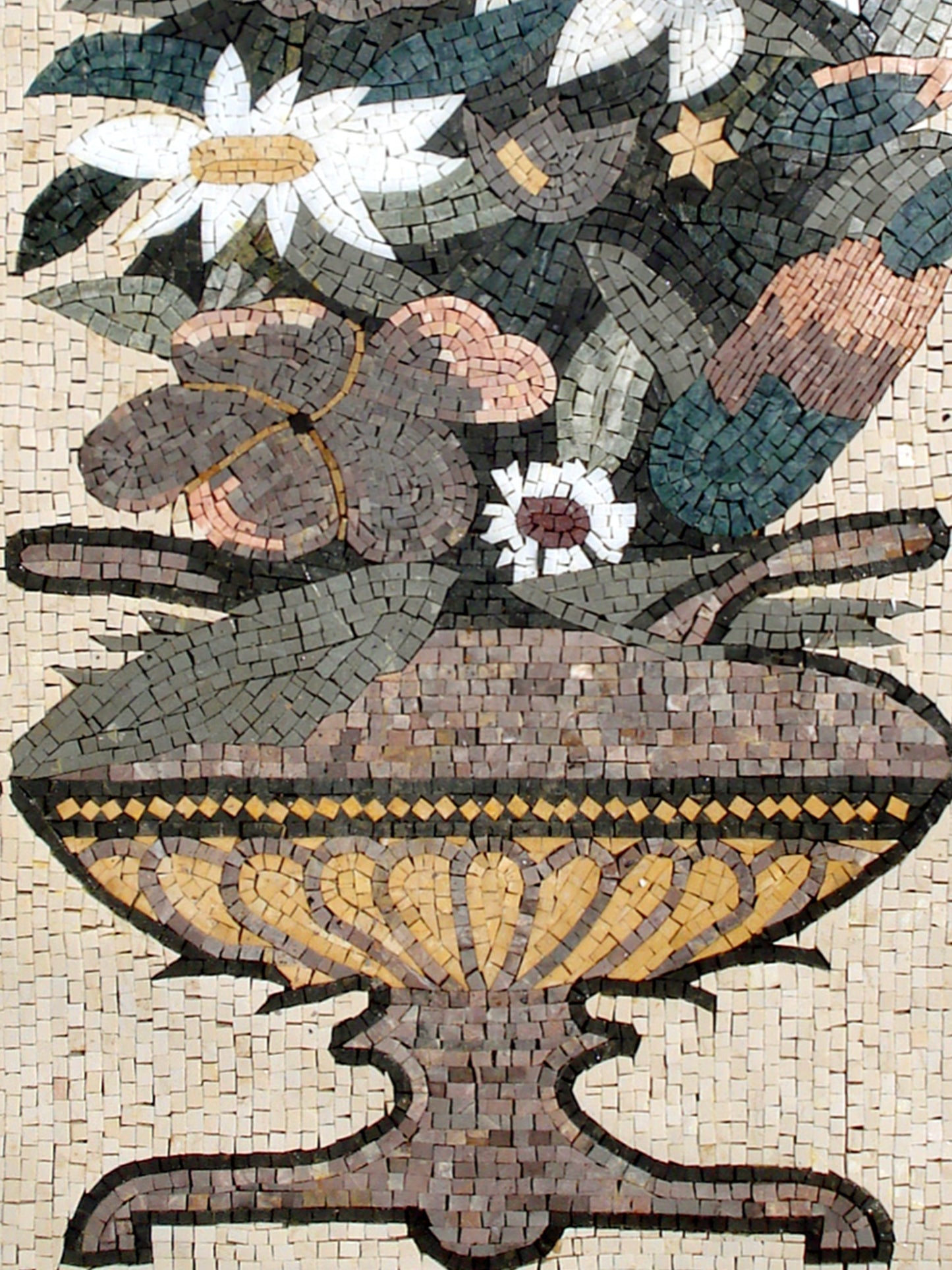 Handmade Marble Mosaic Flower Vase Wall Art: 48" Natural Stone Decor