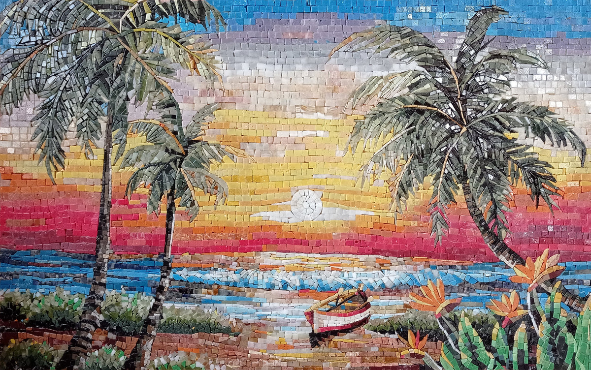 Handmade Sunset Mosaic Tile: Palm Trees & Boat Beach Scene