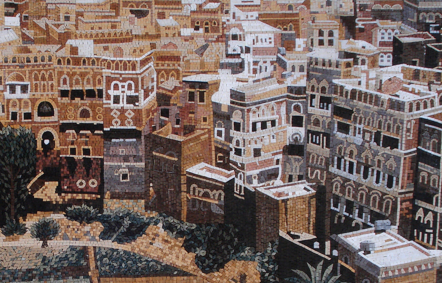 Handmade Yemen Mosaic Mural: Old City Stone Tile Artwork