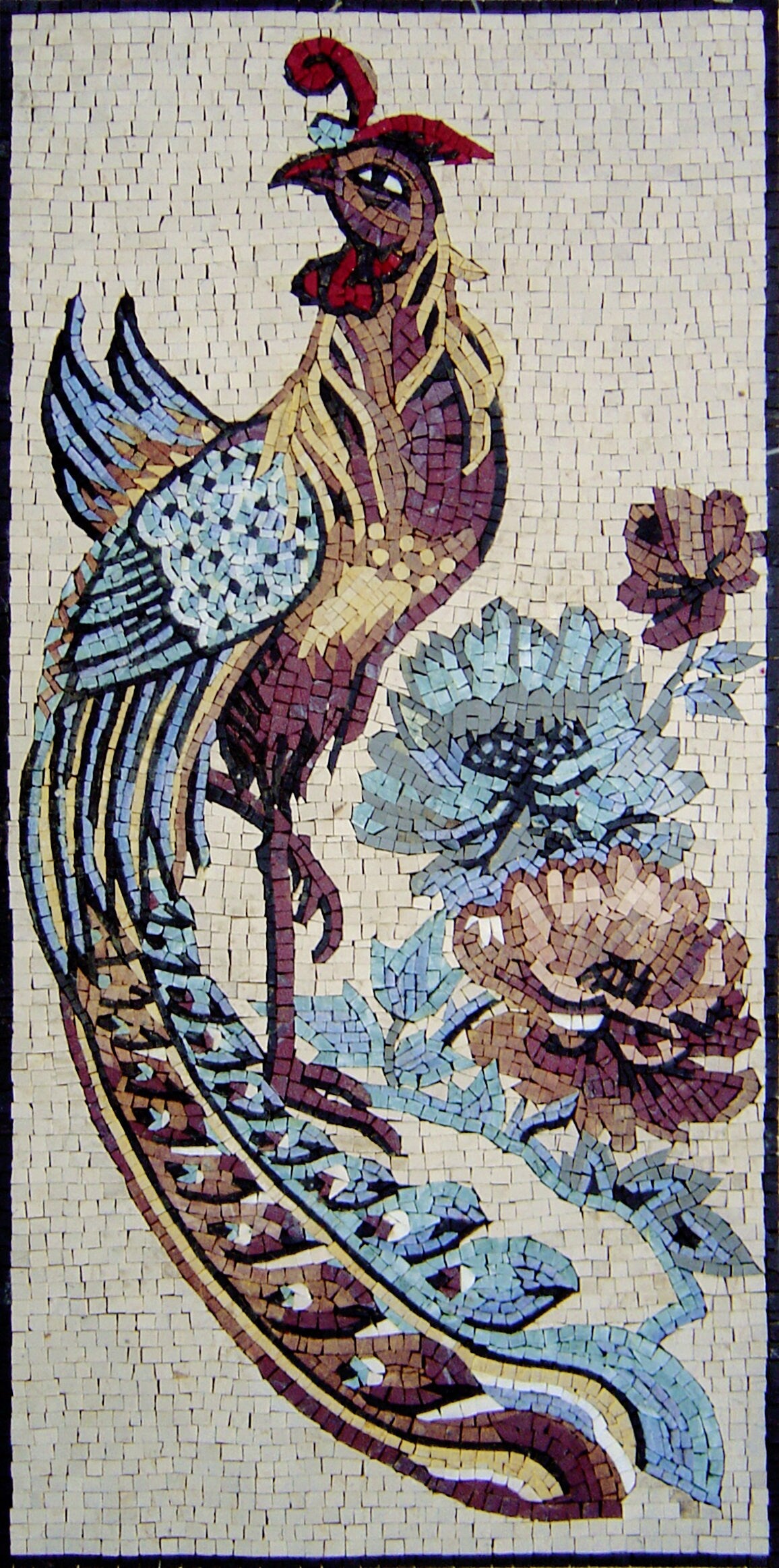 Handmade Peafowl Mosaic Mural: Marble Tile Wall Art (40x20)