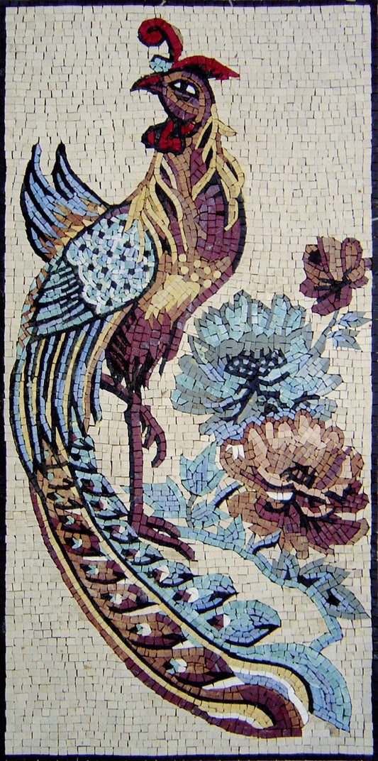 Handmade Peafowl Mosaic Mural: Marble Tile Wall Art (40x20)