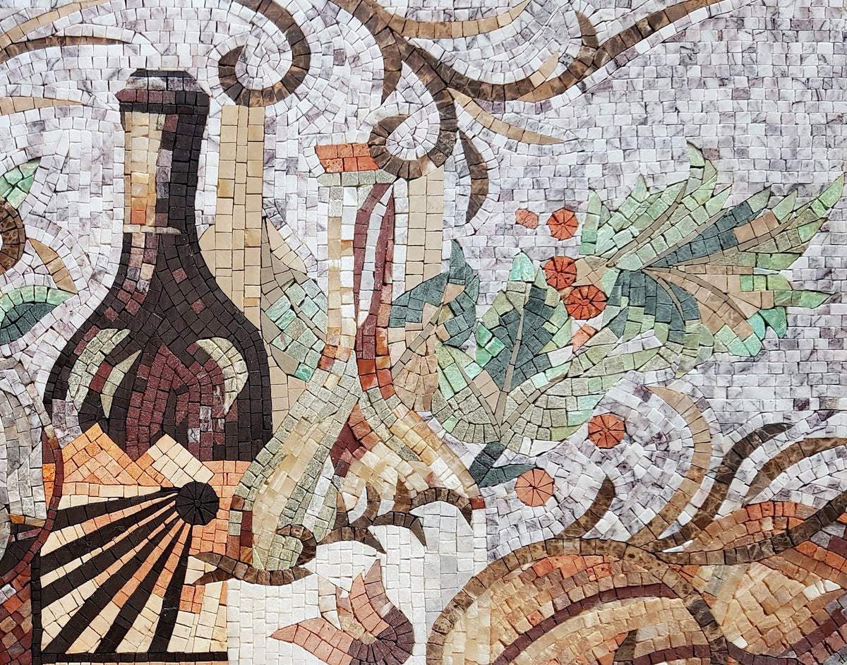 36" x 26" Tuscan Wine Still-Life Mosaic Kitchen Backsplash – Handmade Marble Art - Customization Available