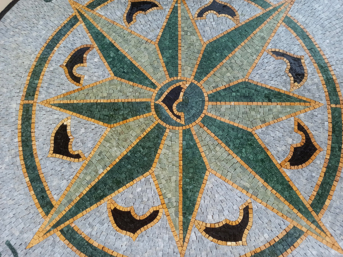 Handmade Marble Compass Mosaic Tile: Wind Rose Medallion (32" Diameter)