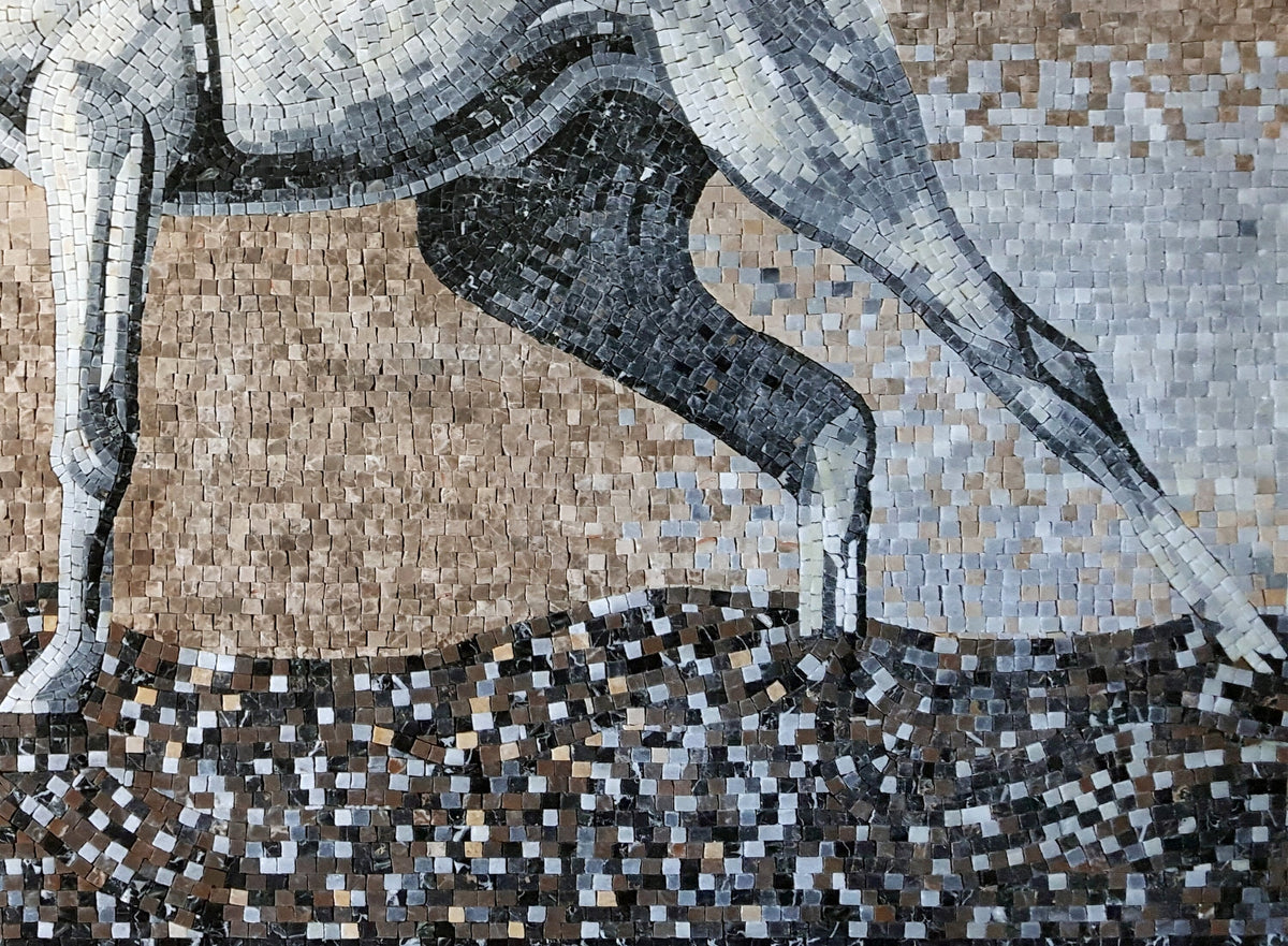 Handmade Marble Mosaic: White Horse Mural for Walls (48” x 36”)
