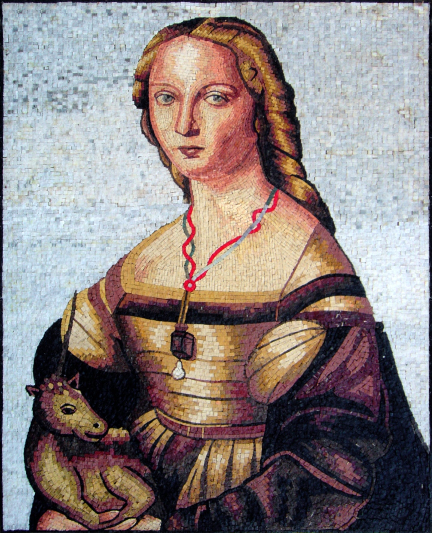 Handmade Raphael Mosaic Mural: Woman with Unicorn, Marble Stone Tiles