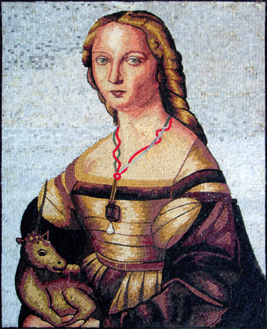 Handmade Raphael Mosaic Mural: Woman with Unicorn, Marble Stone Tiles