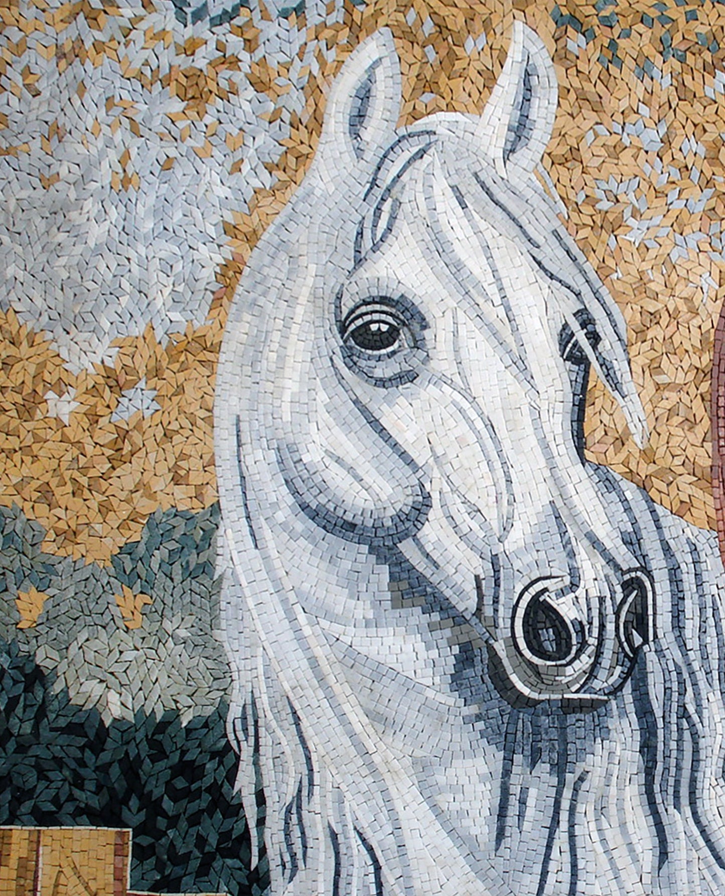 Handmade Horse Mosaic Tile Art: Brown & White Marble (40x28)