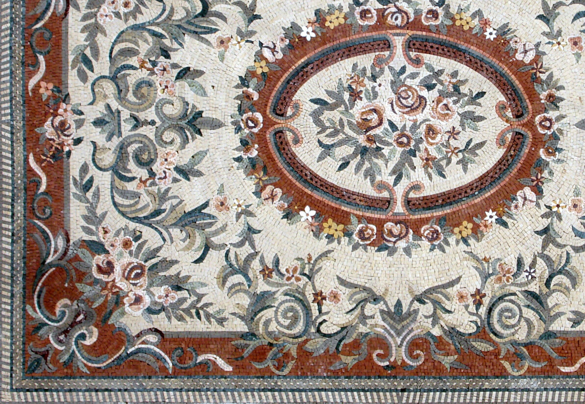 Handmade Floral Marble Mosaic Rug: Dining Room Floor Carpet (92” x 60”)