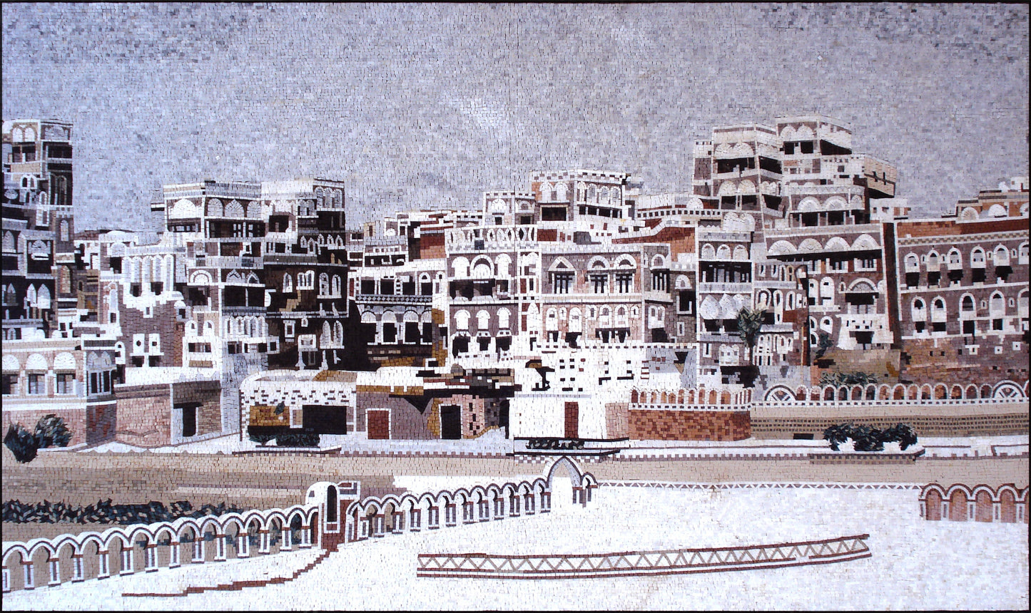 Handmade Yemen City Mosaic Mural: Stone & Marble Wall Art