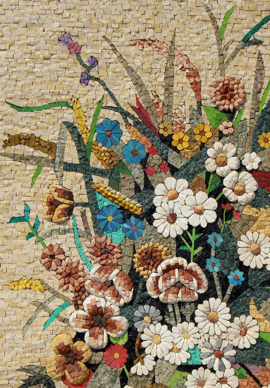 Handmade Floral Mosaic Tile Art: Marble Flower Vase Backsplash