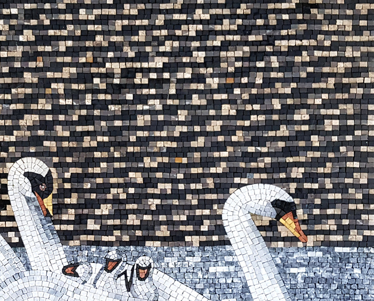 Handmade Swans Mosaic Tile Art: Marble Stone Wall Decor (36” x 28”)