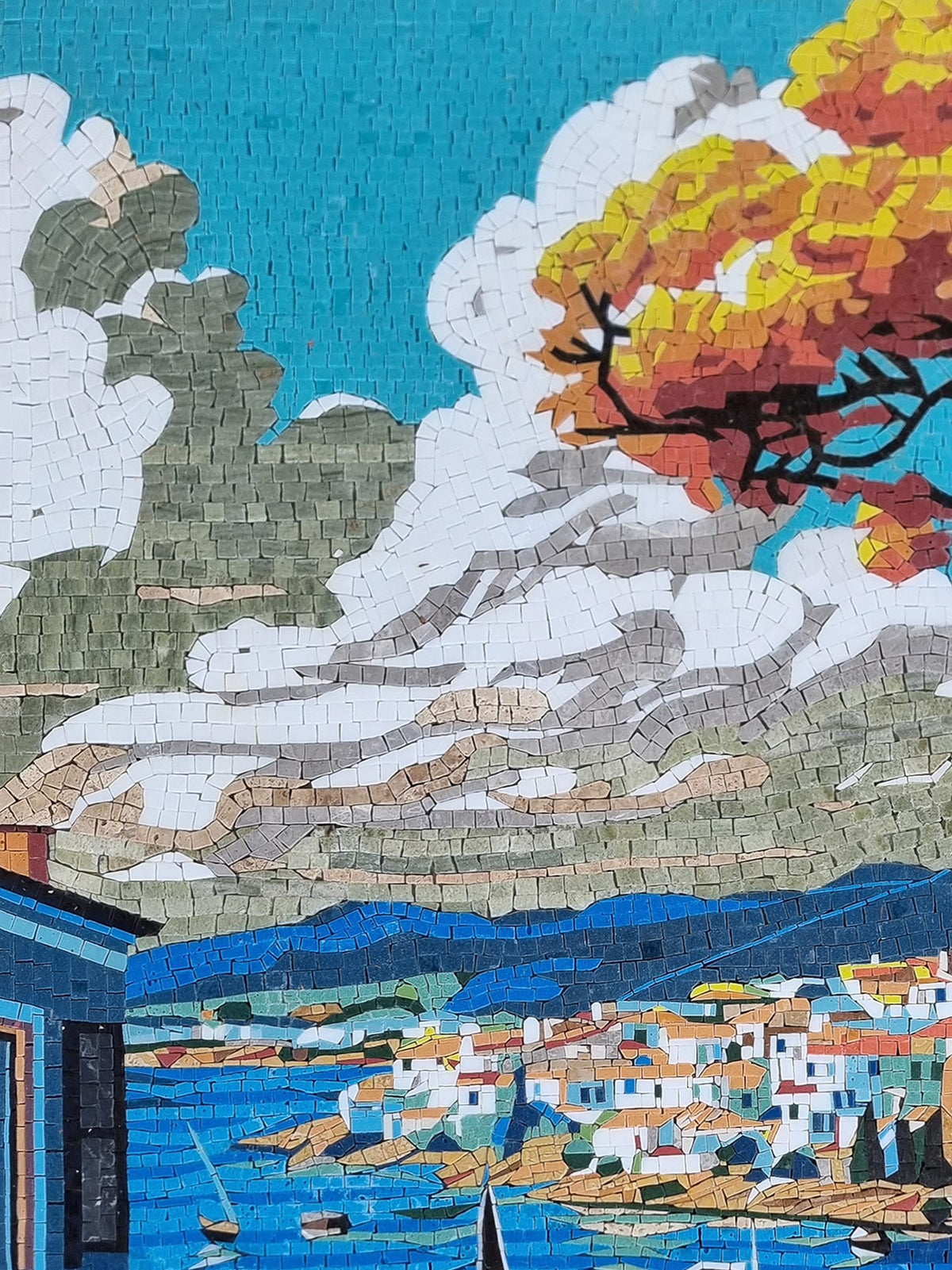 48"x36" Cityscape Mosaic Wall Art - Mountain & Water Scene, Urban Landscape Home Decor, Customization available