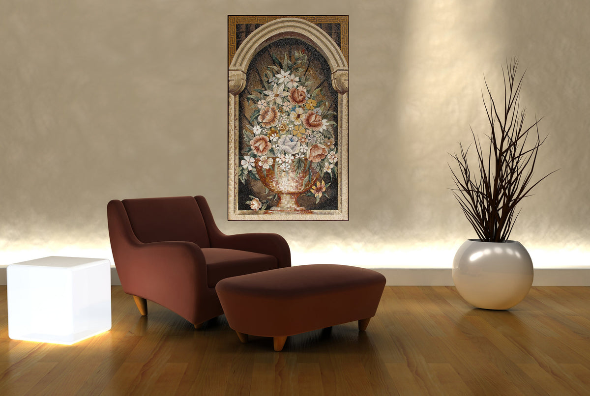 Handmade Flowers Vase Marble Mosaic Wall Art: Home Decor (60” x 36”)