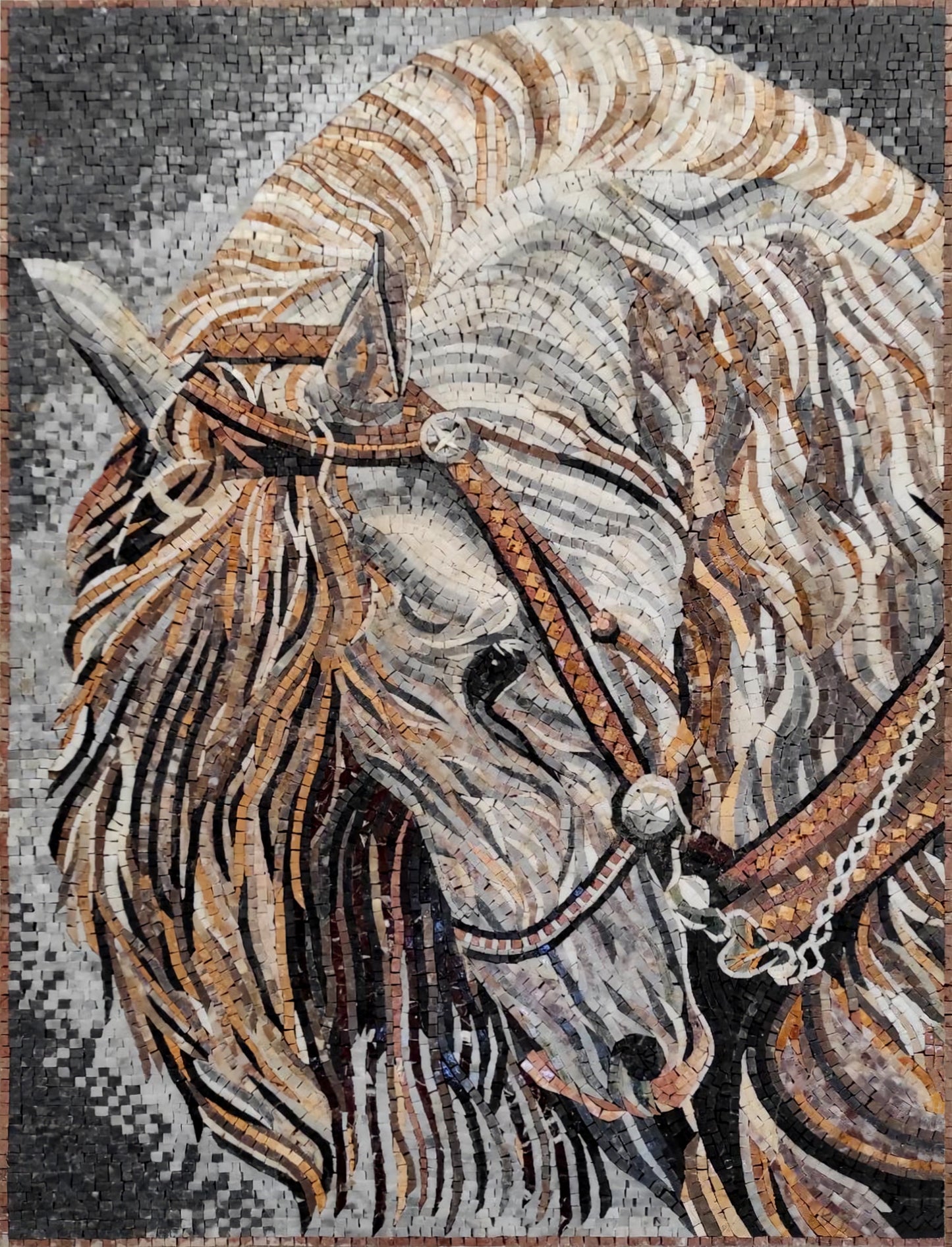 Handmade Horse Mosaic Tile Art: Marble Stone Wall Decor (40” x 30")