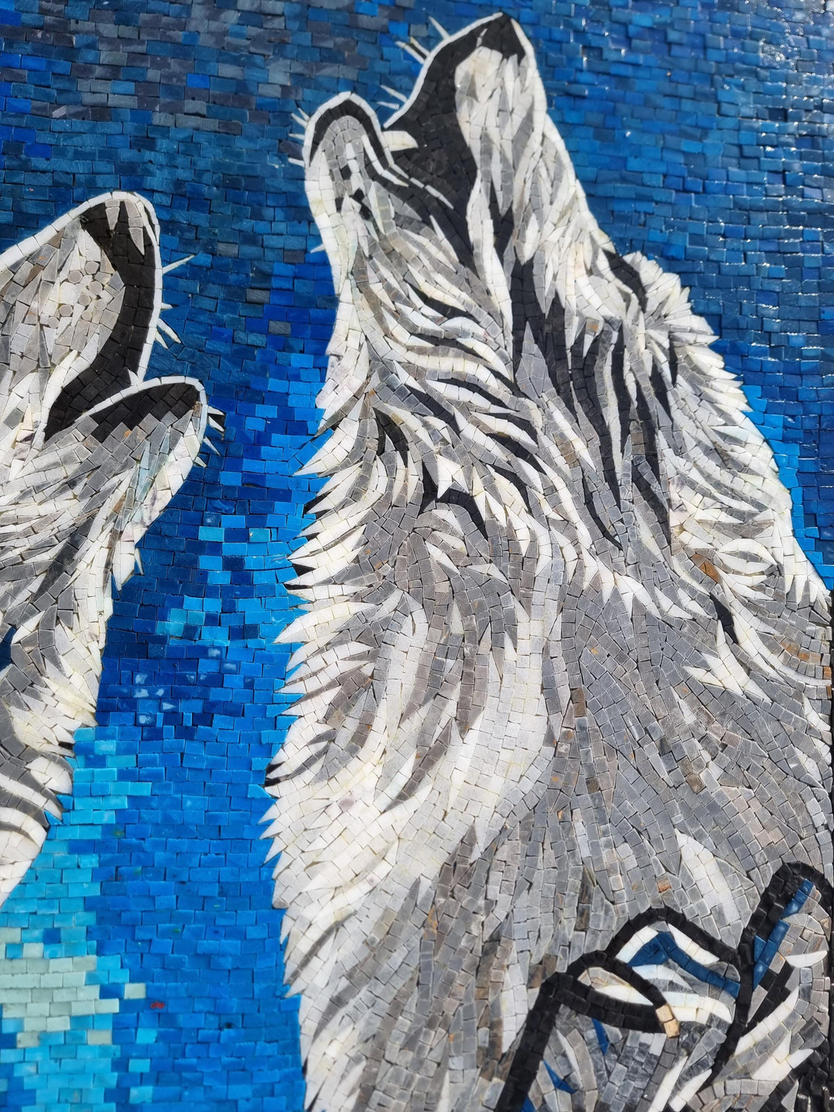 Handmade Marble Tile Mosaic: Wolf and Moon Night Sky Art (60x40)