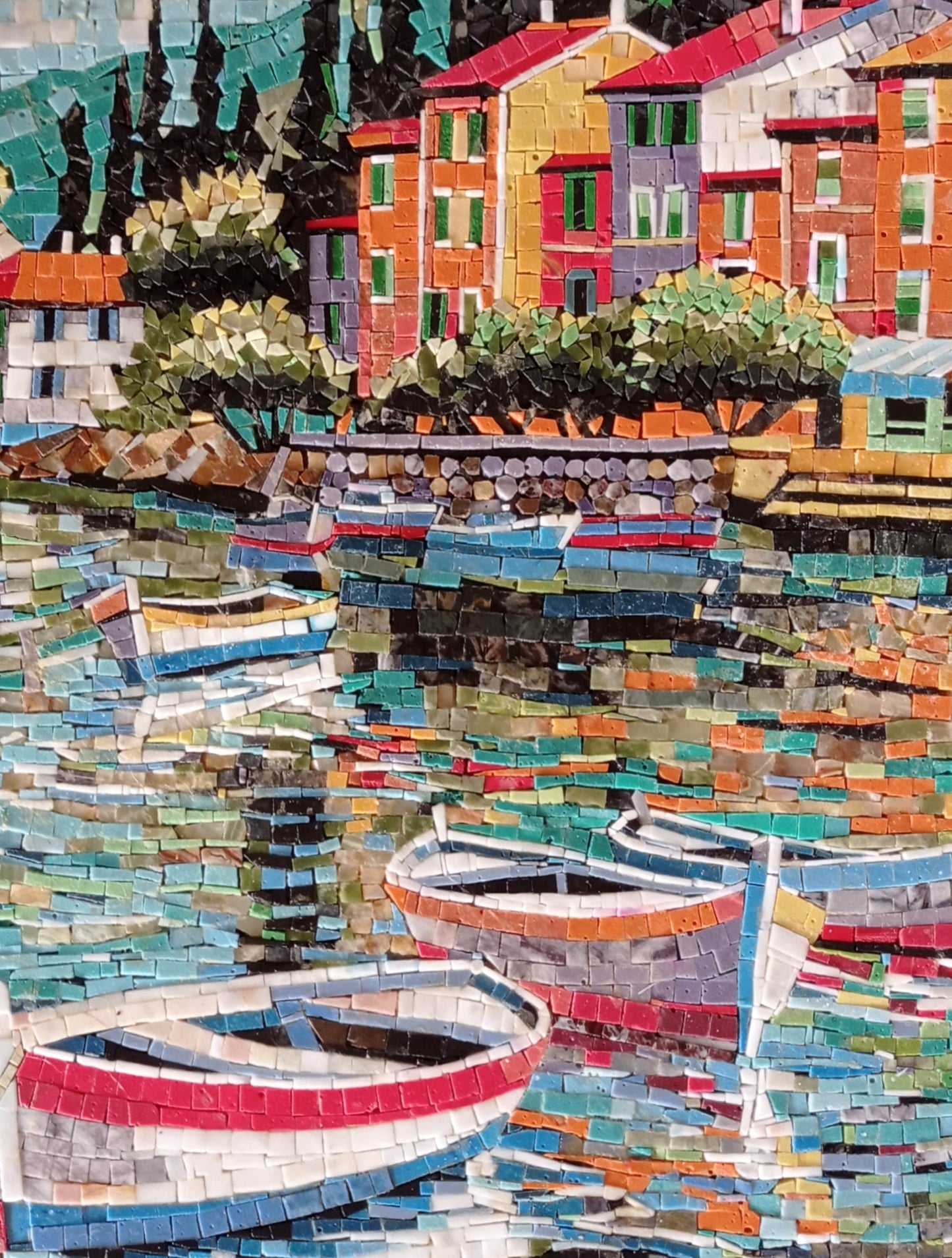 Seascape Mosaic Tile Art: Handmade Marble Boating Scene (40” x 30")