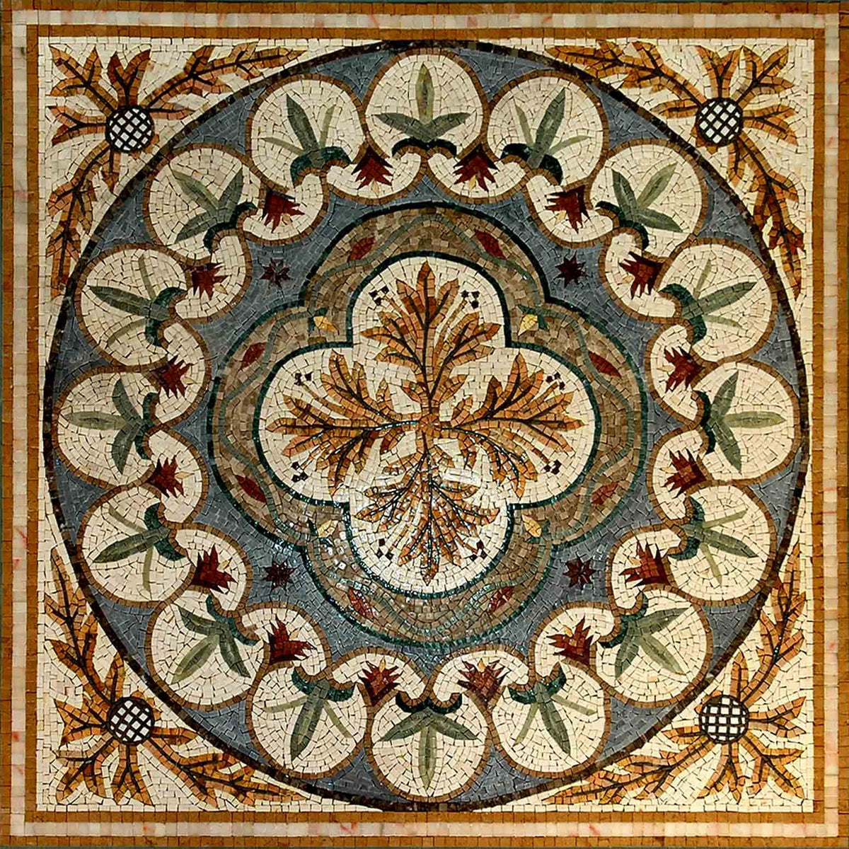 40" Medallion Mosaic Tile: Geometric Floral Marble, Indoor/Outdoor