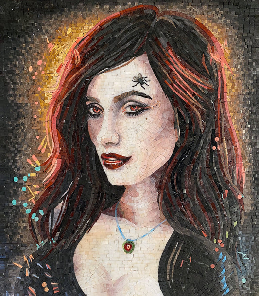 Sagittarius Mosaic Tile Art: Fly On Girl Portrait, Handmade Stone Decor