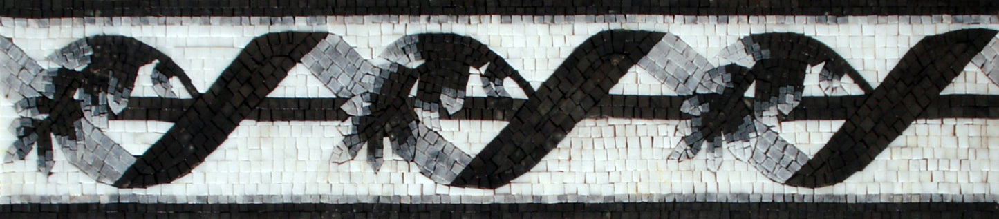 Botanical Mosaic Border: Black and White Marble Tiles, 6x40"