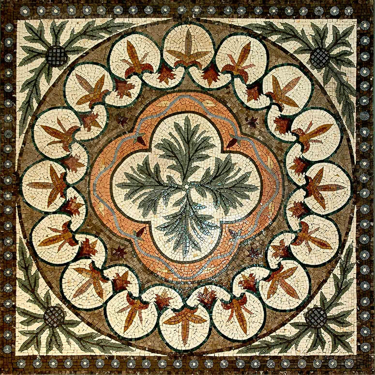 40" Medallion Marble Mosaic Tile: Floral Inlay Artwork