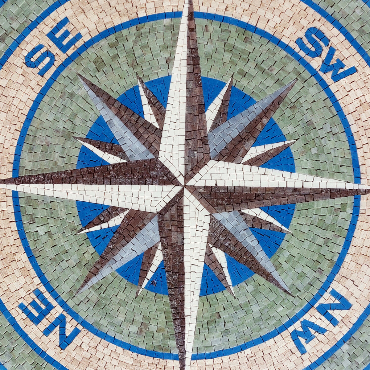 Handmade Compass Mosaic Tile: Nautical Wind Rose Medallion (36" Diameter)