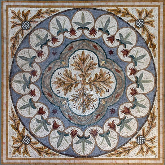 40" Marble Mosaic Floor Tile: Geometric Floral Art