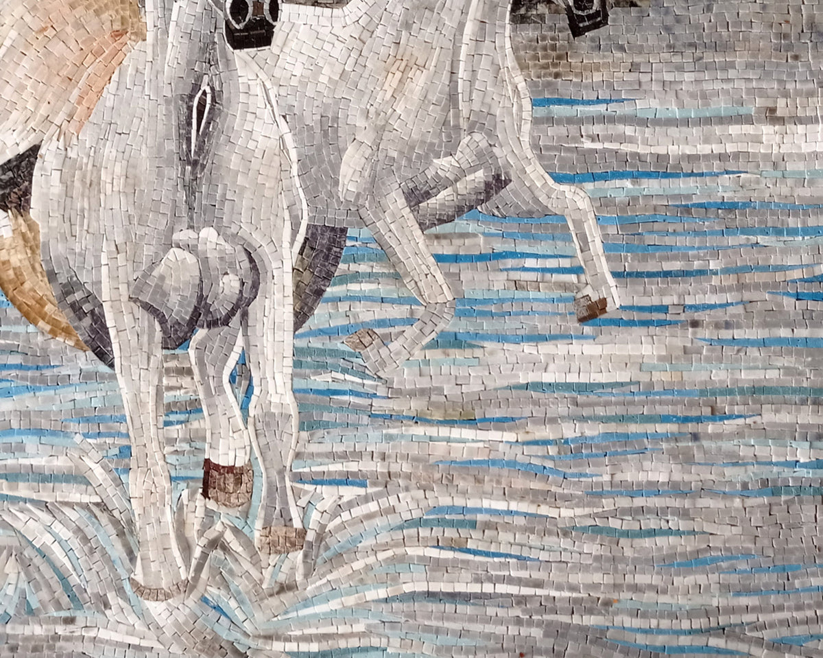 Handmade White Horse Marble Mosaic Mural: Animal Wall Art (60" x 48")