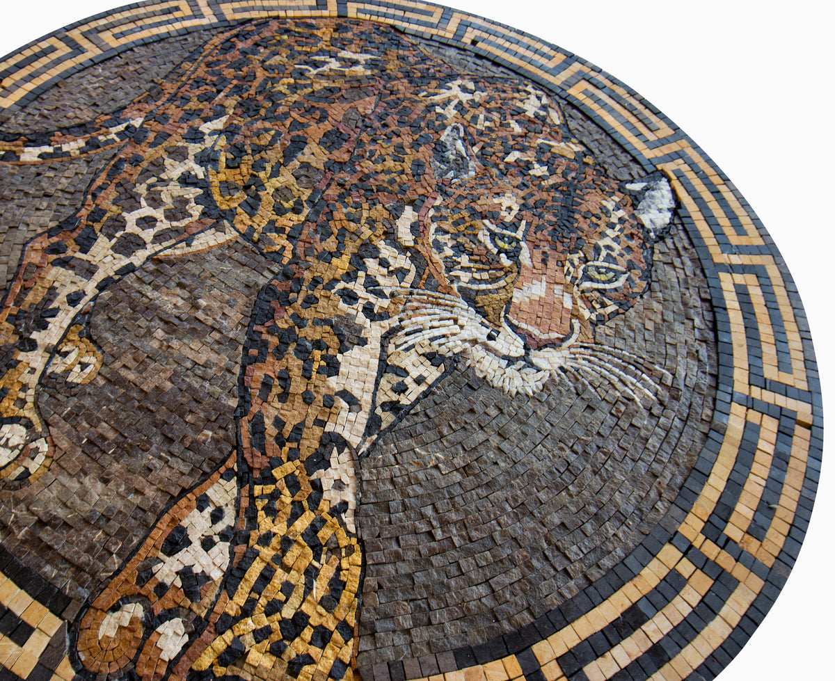 Handmade Tiger Marble Mosaic Tile Art: Jungle Decor (32" Diameter)