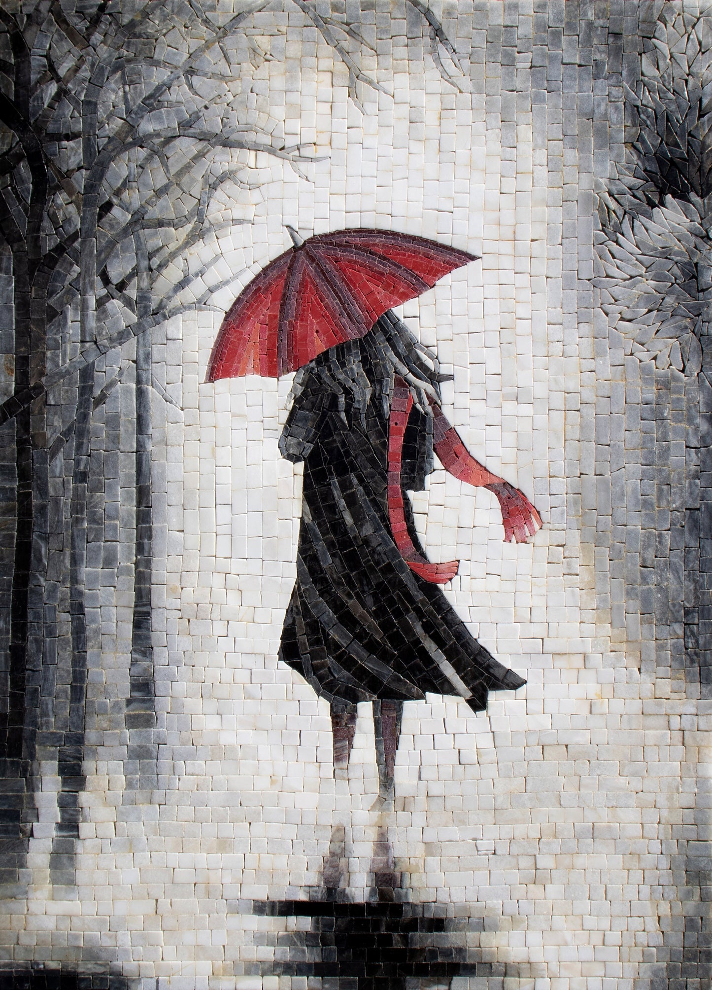 Handmade Marble Mosaic Art: Women in Rain with Red Umbrella (28” x 20”)