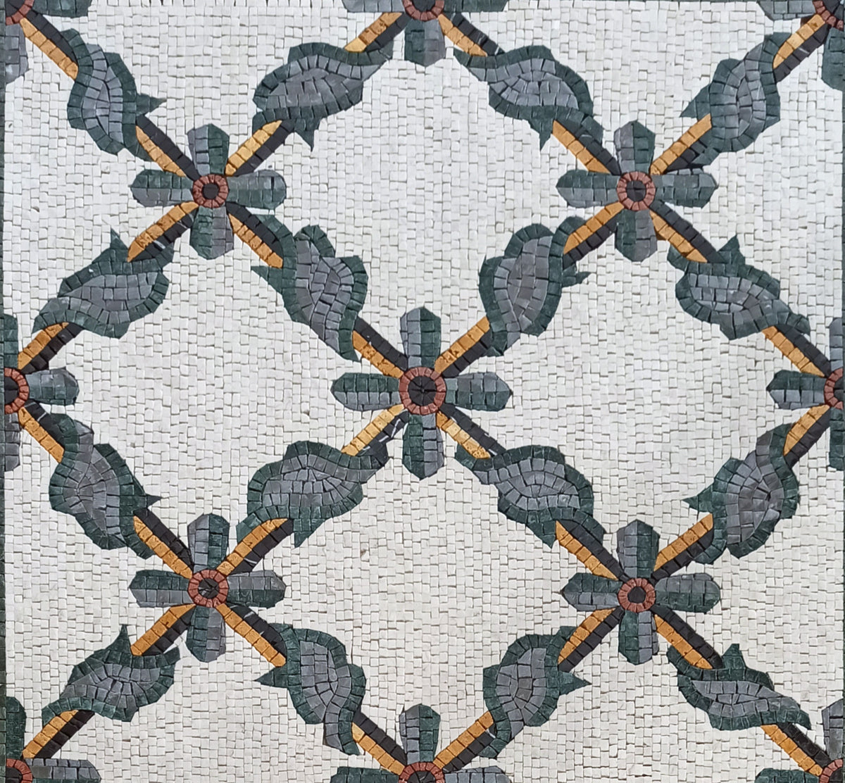 Floral Marble Mosaic Rug: Handmade Stone Tile Carpet (64” x 32")