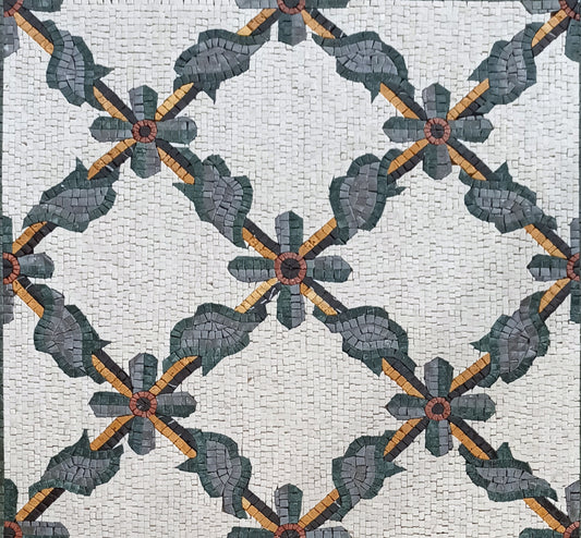 Floral Marble Mosaic Rug: Handmade Stone Tile Carpet (64” x 32")