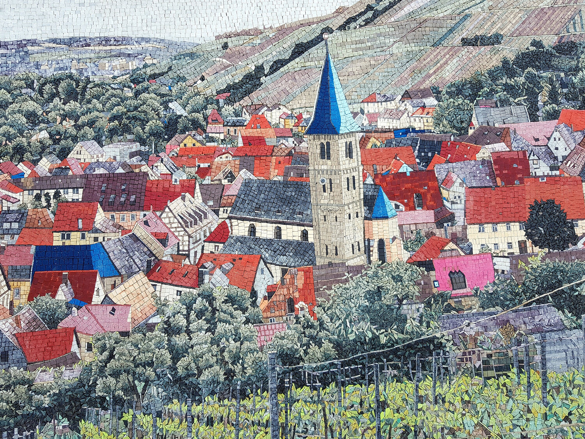 Handmade Vineyard Mosaic Tile Art: European Village Scenery (68” x 48”)