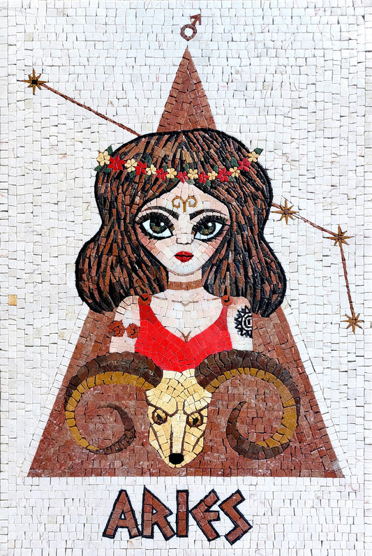 Aries Zodiac Mosaic Tile Art: Handmade Marble Wall Decor
